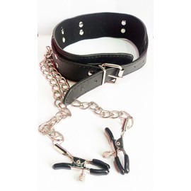 Black Leather Collar with Nipple Chain