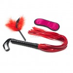 3 Piece Leather Whip, Feather Teaser & Blind Fold - Red